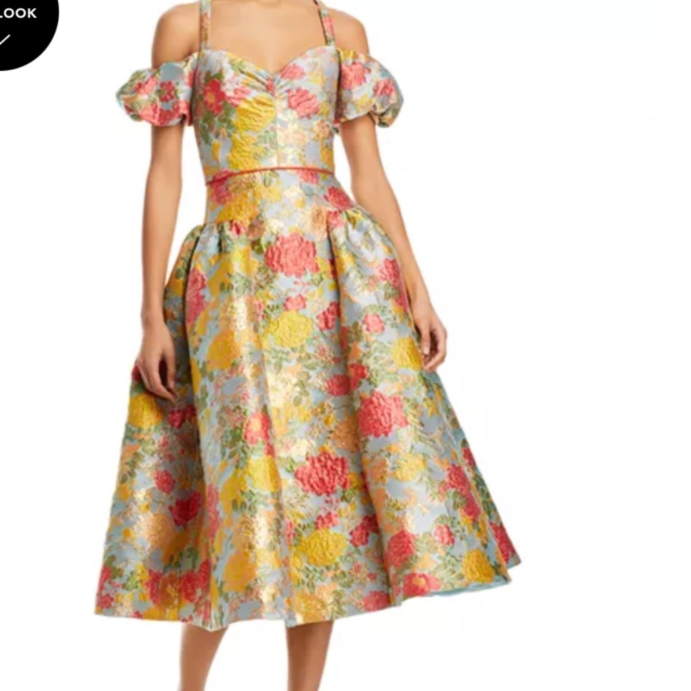 Markarian Multi Jackie Gold Brocade Puff Sleeve Midi dress 10